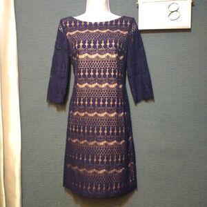 Established 1962 navy blue lined lace midi shift dress size 8